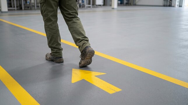 Person in work boots walking along yellow arrow floor marking in industrial facility, workplace safety and direction concept