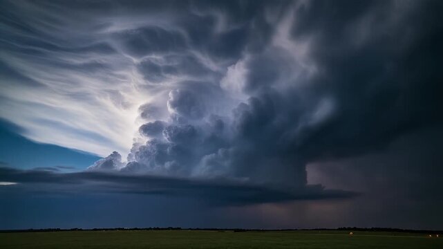 Dramatic, turbulent cumulonimbus storm clouds loom over a vast, open field at dusk, illuminated by distant lightning flashes, creating a powerful, awe-inspiring natural spectacle of approaching