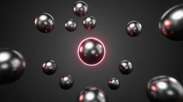 A central shimmering sphere, encircled by a vivid neon pink aura, is surrounded by a scattered array of reflective, metallic orbs, creating a striking visual representation of connection