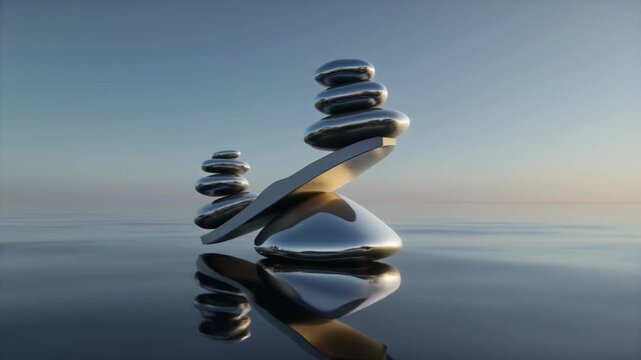 A delicate arrangement of polished stones artfully stacked upon a reflective surface evokes profound feelings of equilibrium, harmony, and serene tranquility under a vast, calm sky