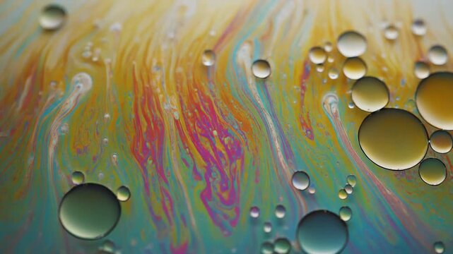 Vibrant, swirling, iridescent colors cascade across a textured surface, punctuated by numerous spherical droplets and fluid patterns, creating an abstract, organic, and visually dynamic