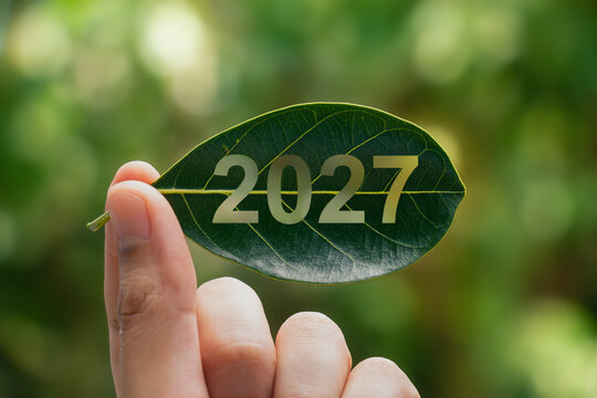 Hand of human is holding painted green leaf with 2027.