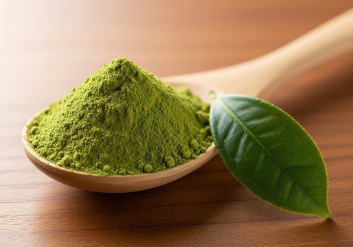 Matcha green tea powder in a wooden spoon with a fresh leaf