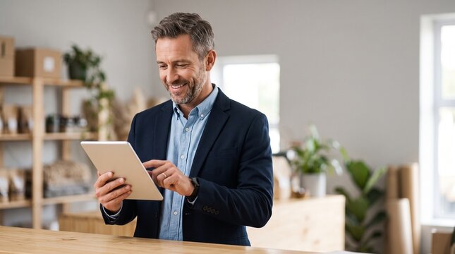 Smiling mature businessman using a digital tablet in a modern office warehouse