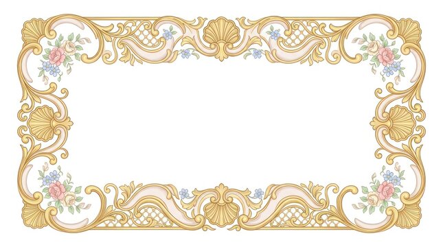 A gold and white ornate frame with floral and seashell patterns, set against a white background.