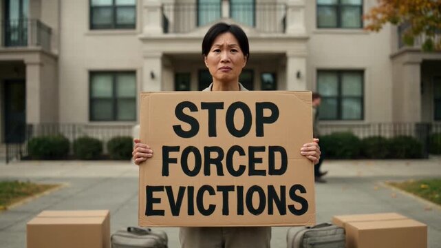 Distressed woman holding cardboard sign protesting against forced evictions in video footage