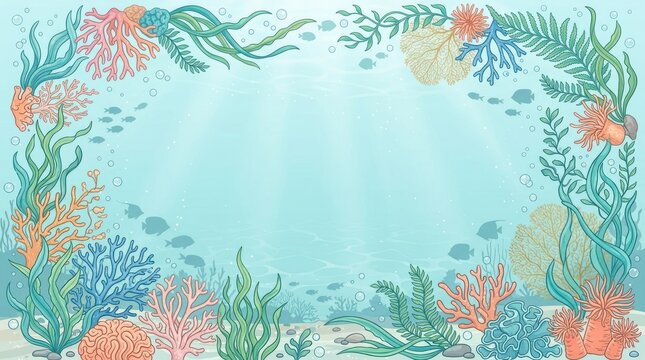A vibrant underwater scene with a coral reef, fish, and marine life.