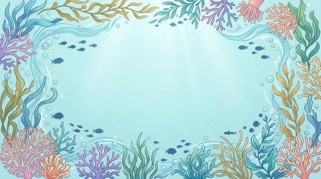 A colorful underwater scene with fish, coral, and seaweed.