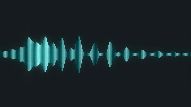 Abstract pulse graph with turquoise sound wave, audio waveform, digital signal, rhythmic frequency pattern, glowing peaks, dark background, music communication technology visualization
