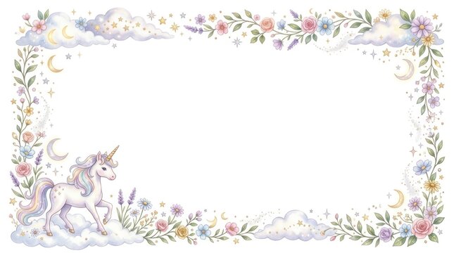 A magical unicorn standing on a lush, flower-filled meadow with a moon and stars in the background.