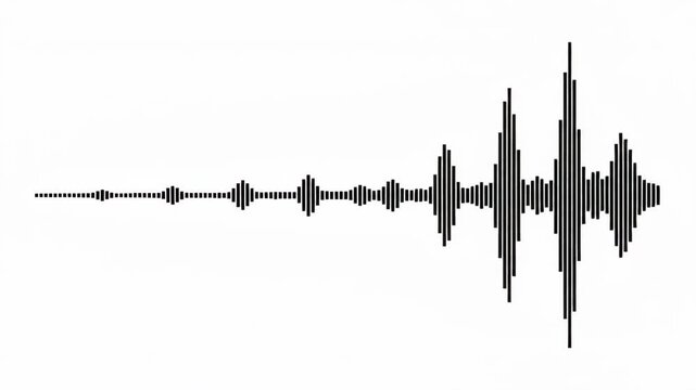 Abstract graph pulse waveform showing audio signal and sound frequency growing from quiet line into powerful rhythmic peaks with rising amplitude, clean monochrome vibration energy white background