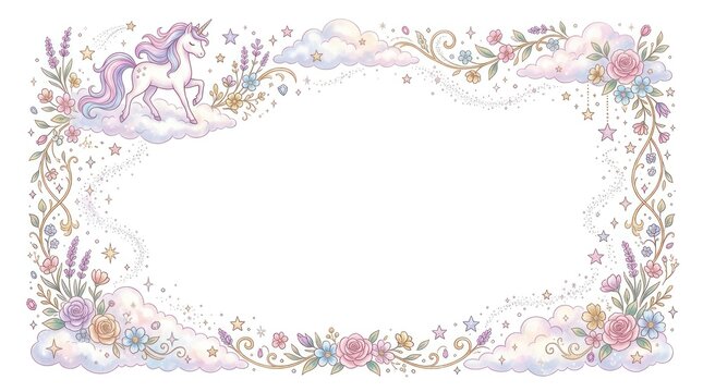 A magical unicorn standing on a cloud with a starry sky and floral decorations in the background.
