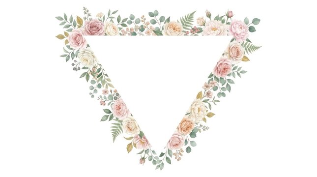 A floral arrangement with pink and white roses, green leaves, and a triangular frame in the center.