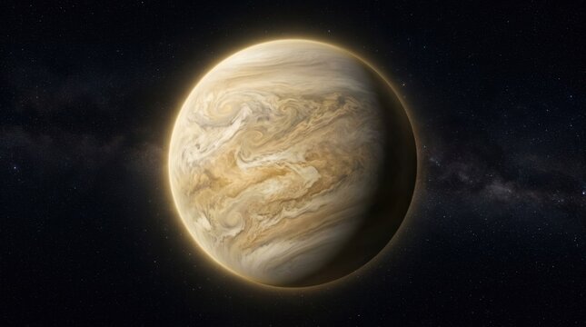 A planet with a yellow and brown surface, surrounded by a ring system and a star in the background.
