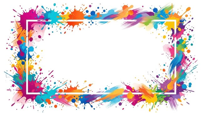 A colorful, abstract paint splatter frame with a white border on a white background.