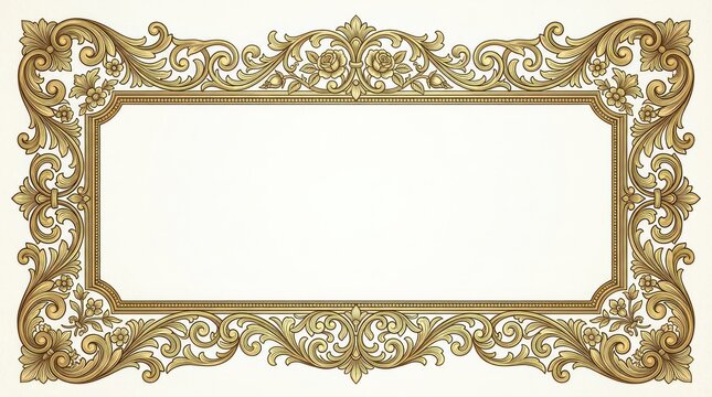 A gold ornate frame with intricate floral and leaf designs on a white background.