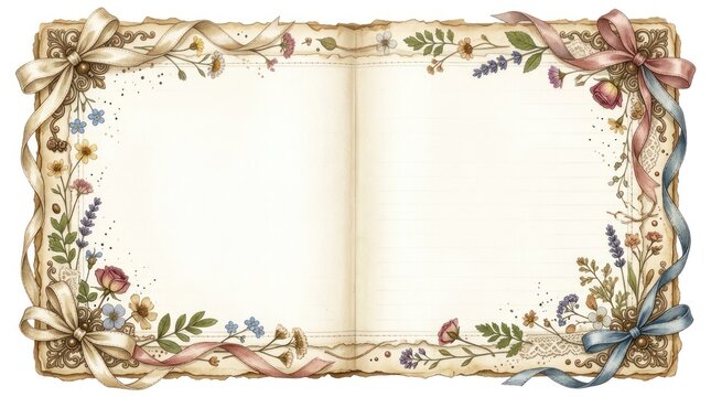 Vintage floral frame with ribbons and flowers. The frame contains a blank page for writing.