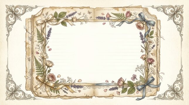 A vintage, ornate frame with floral and ribbon decorations, set against a beige background with a white border.