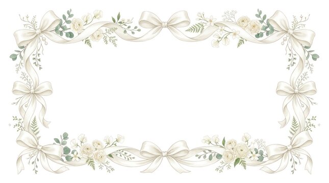A white floral border with ribbons and flowers