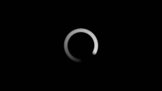 Minimalist loading spinner animation, white circular progress indicator on black background, buffer