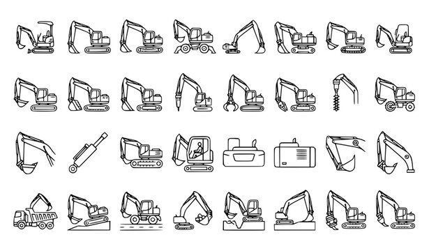 Excavator Construction Digger Hydraulic Heavy Equipment Earthmover Industrial Machinery Outline Icons Set &ndash; Editable Vector
