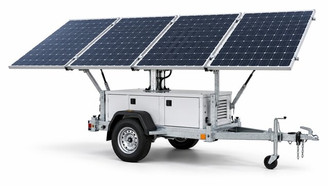 Portable solar trailer station with photovoltaic array for sustainable off grid power generation and renewable energy solutions