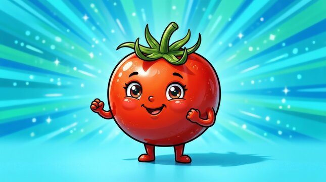 Cute cartoon tomato character with big eyes, a happy smile, and green leaves on a sparkling blue background.
