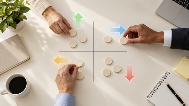 Business professionals using strategic quadrant matrix for data analysis planning and team collaboration concept photography