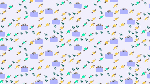Seamless pattern of stylized potted plants and vanilla pods