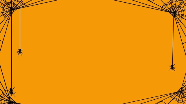 Halloween spider web animation on orange background with black spiders crawling and descending from tangled webs, spooky seasonal motion graphic for horror videos, party designs and social media