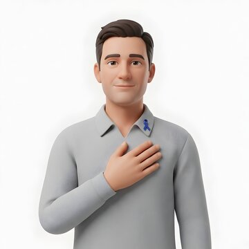 Male character hand on chest ribbon pin