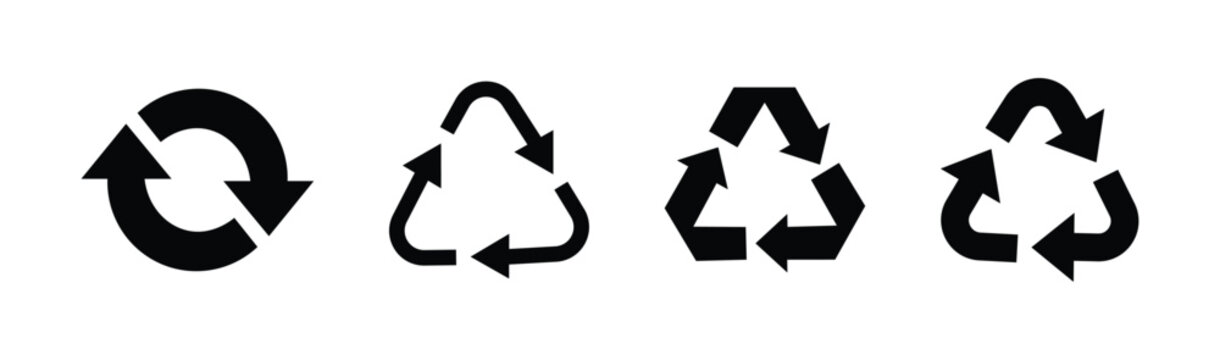 Recycling arrows symbol icon set. Featuring circular rotating arrows and Mobius loop triangular variants in solid black.
