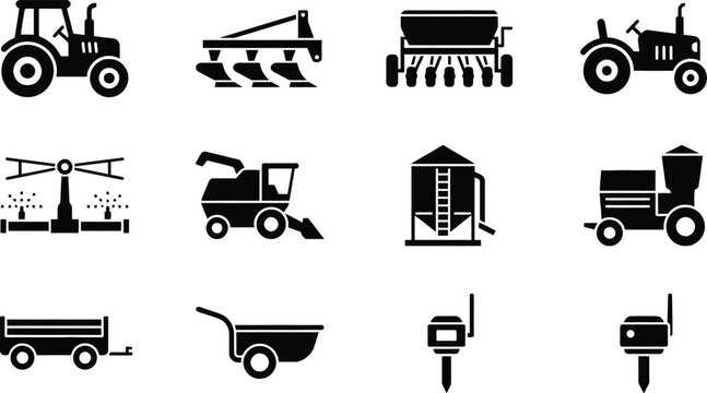 Set of agricultural machinery and farming equipment silhouettes for farming concepts with farm tools