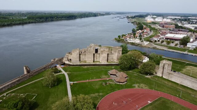 Smederevo Fortress and Danube River, aerial sightseeing, Smederevo, Serbia. g2.