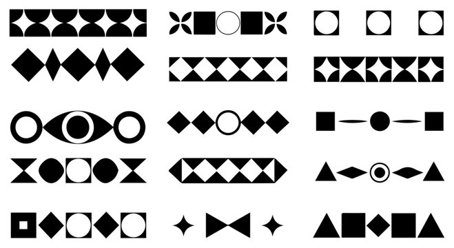 Collection of geometric decorative dividers and ornamental borders featuring circles, squares, triangles, and rhombus shapes on a white background