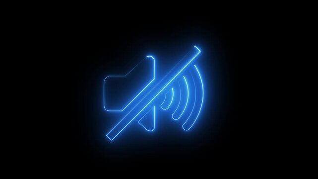 Glowing blue neon mute speaker icon for sound off, volume muted, silent mode, audio disabled, quiet setting
