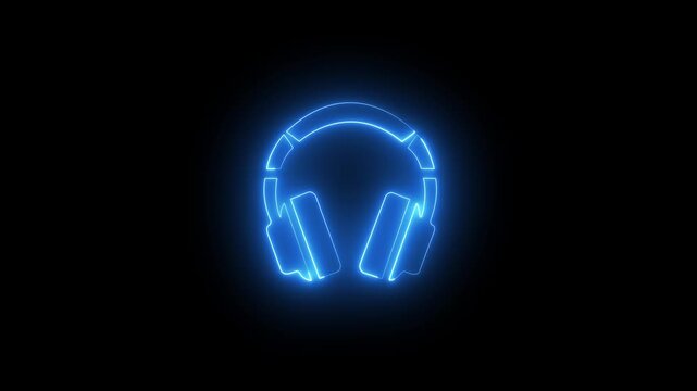 Glowing blue neon headphones icon for music player, audio streaming, podcast listening, customer support