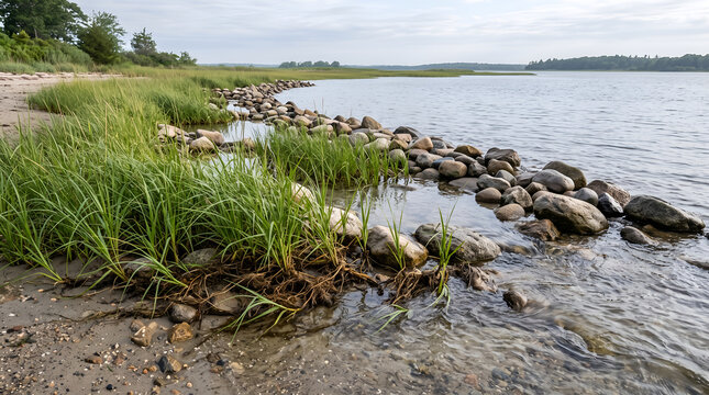 Native coastal vegetation and natural shoreline materials create a living shoreline for habitat restoration, erosion control, and climate resilience planning.