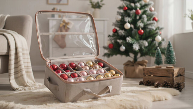 Luxury Christmas Ornament Storage Box in Cozy Holiday Living Room, Organized Decorative Baubles