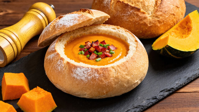 Pumpkin broth with bacon on top of Italian bread, halloween holiday festive image design