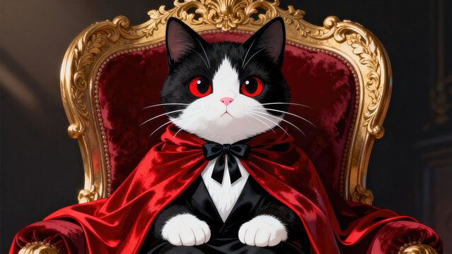 Majestic Feline in Regal Attire: An enigmatic cat, adorned in a velvet cloak, presides with an air of authority, perched on an ornate throne, creating a captivating portrait of feline nobility