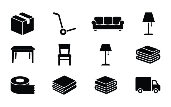 Collection of moving transport furniture vector icons representing relocation services and logistics