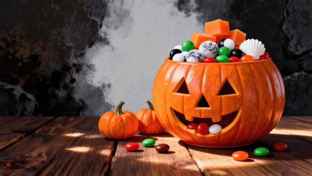 Halloween candy bowl jack o lantern trick or treat sweets chocolate colorful autumn holiday seasonal treat, halloween holiday festive image design
