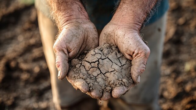 Farmer holding dry, cracked soil in his hands; farmland severely affected by drought. generative ai