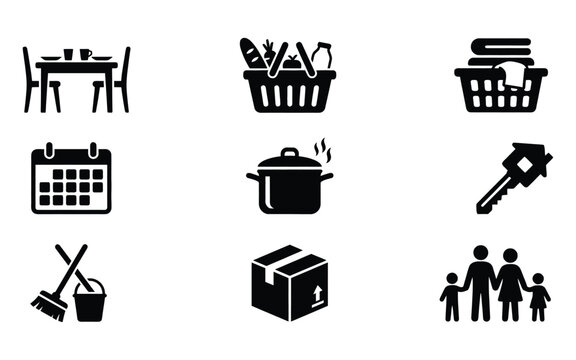 Set of black icons illustrating home life and household management services with daily chores