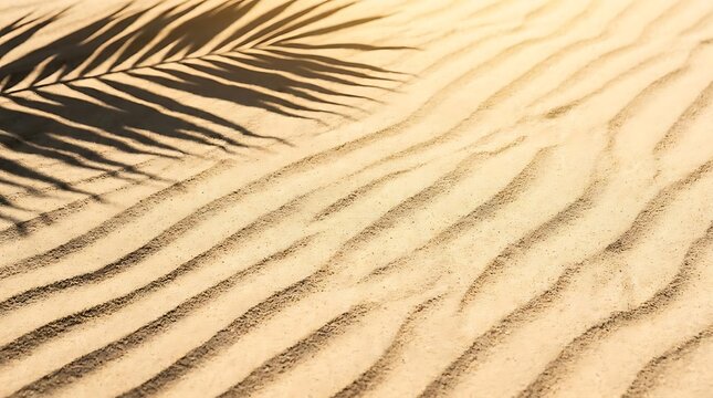Exotic tropical palm leaf shadow cast on golden rippled desert sand dunes at sunset, serene summer vacation concept