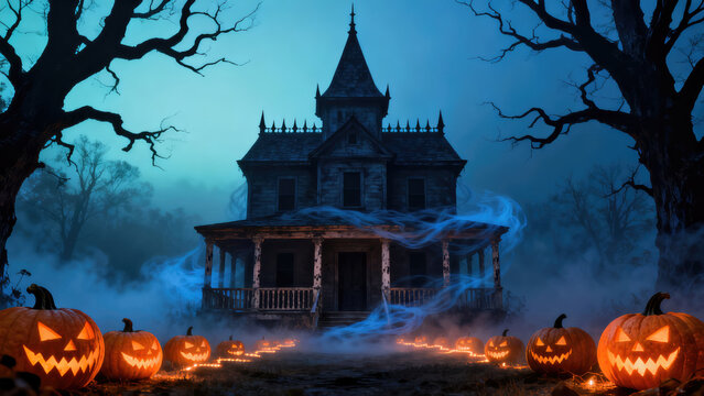 Halloween haunted house with pumpkins and bare trees, halloween holiday festive image design