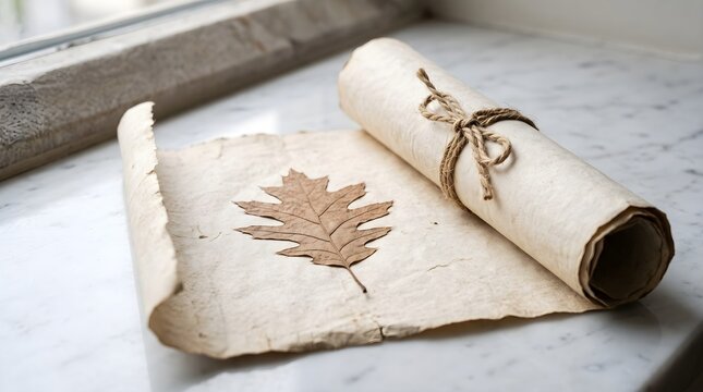 Unrolled parchment scroll tied with twine and pressed leaf on marble