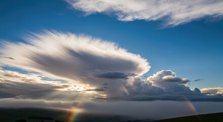 Fototapeta premium Dramatic sunset sky with lenticular clouds and a faint rainbow arc