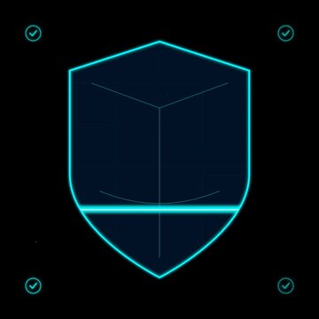 Animated neomorphic shield icon with laser scan line and data particles for cybersecurity social media